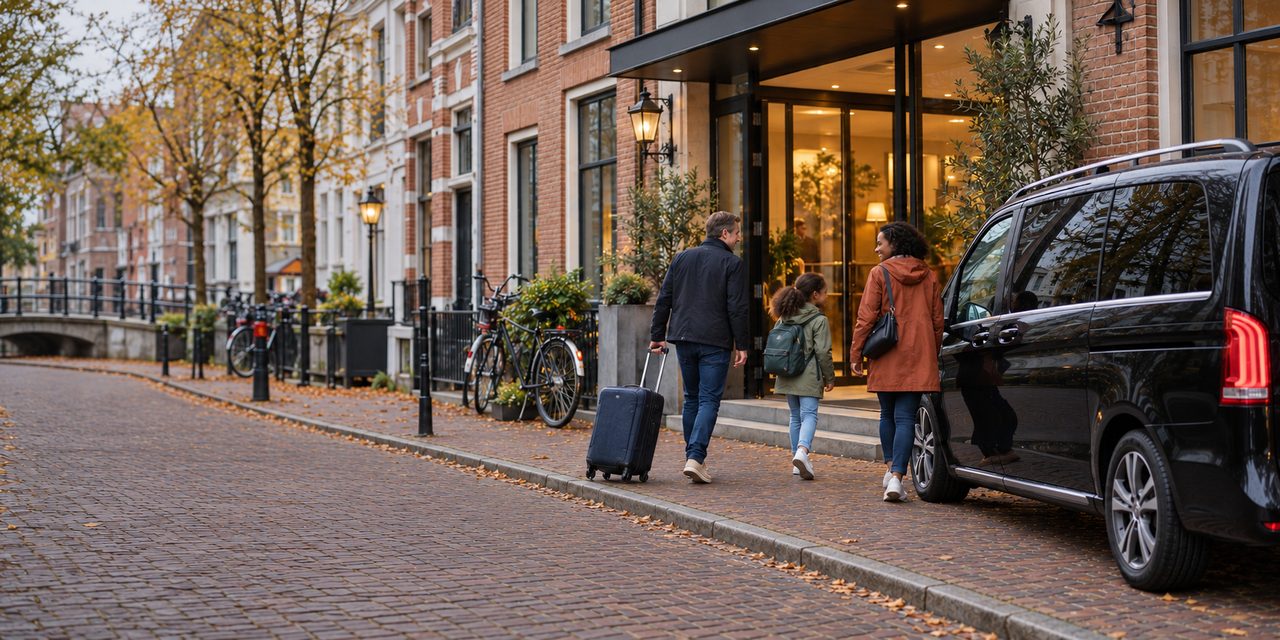 Travellers with suitcases walking along a Haarlem canal to the waiting van