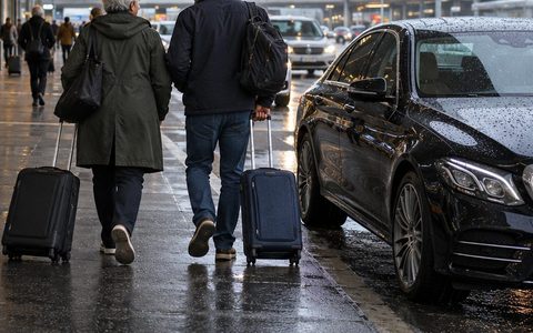 Zwarte sedan langs de stoep bij de terminal, reizigers met koffers